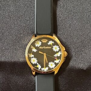 Juicy Couture Black Dial Gold-Tone Case Watch with White Daisy Accents